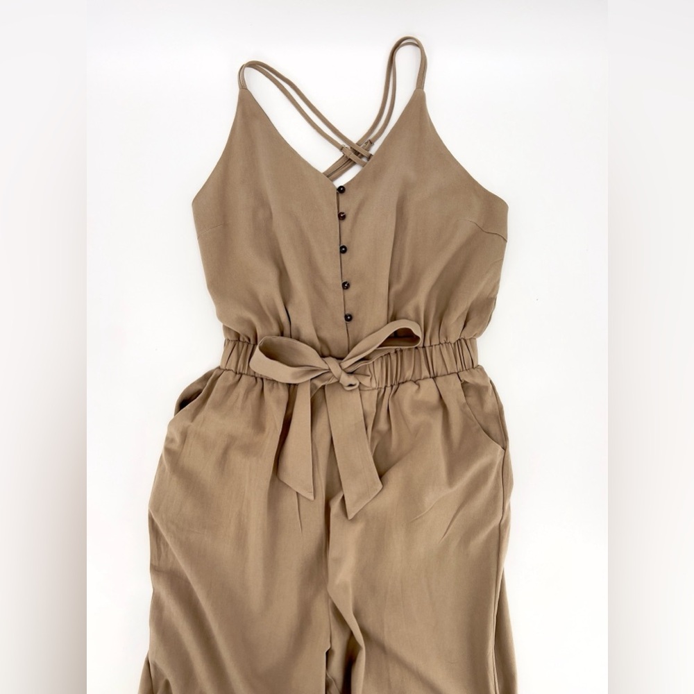 Easel Tan Jumpsuit with Tie-Waist and Relaxed Fit - Picture 1 of 10